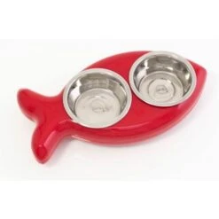 Ciotole Doppie Per Gatto A Forma Di PESCE Rosso
